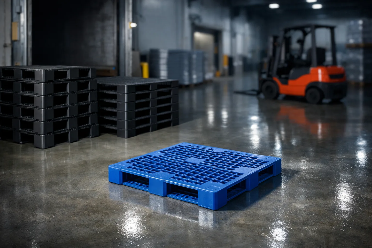 Pallet nhựa xanh dùng trong kho hàng công nghiệp