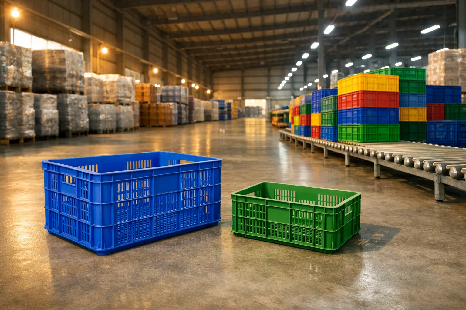 kho logistics sử dụng sọt nhựa công nghiệp và pallet nhựa