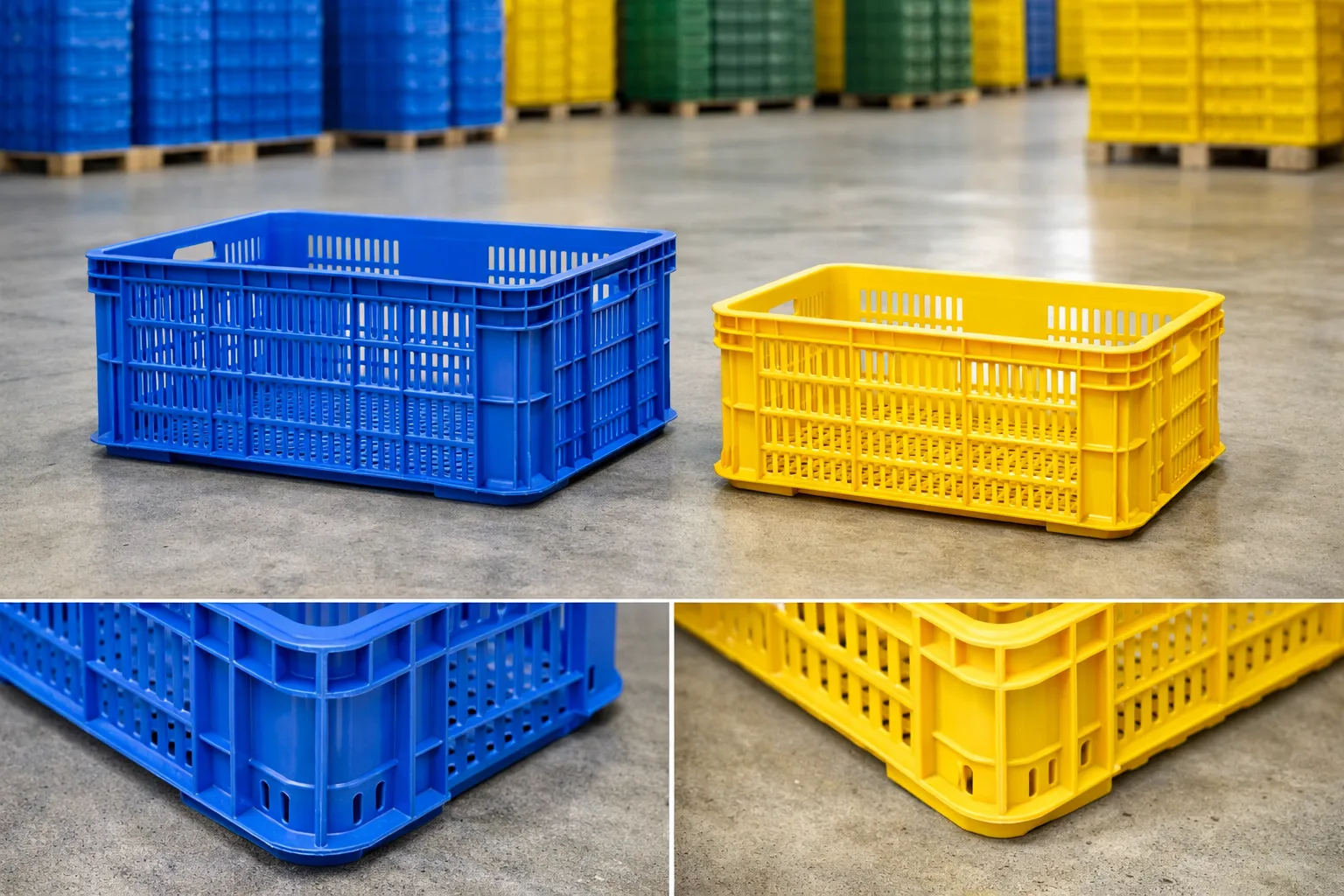 trung tâm logistics phân loại hàng bằng sọt nhựa